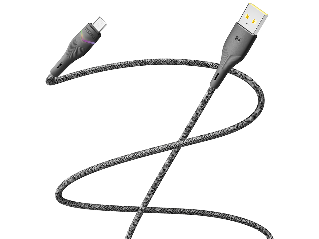 Кабель Yoki Rgb, USB-A - Micro-USB, 3A, RGB підсвічування, 1,2 м, Чорний