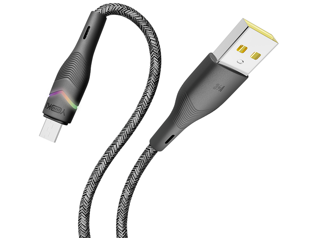Кабель Yoki Rgb, USB-A - Micro-USB, 3A, RGB підсвічування, 1,2 м, Чорний