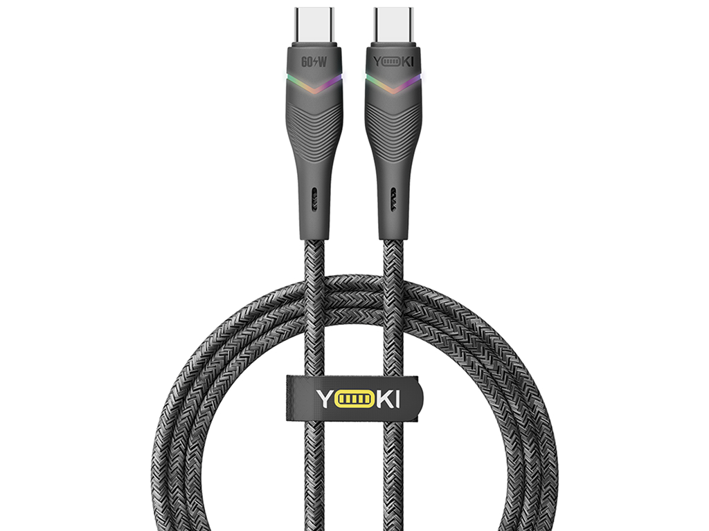 Кабель Yoki Rgb, Type-C - Type-C, 60Вт, RGB підсвічування, 1,2м, Чорний