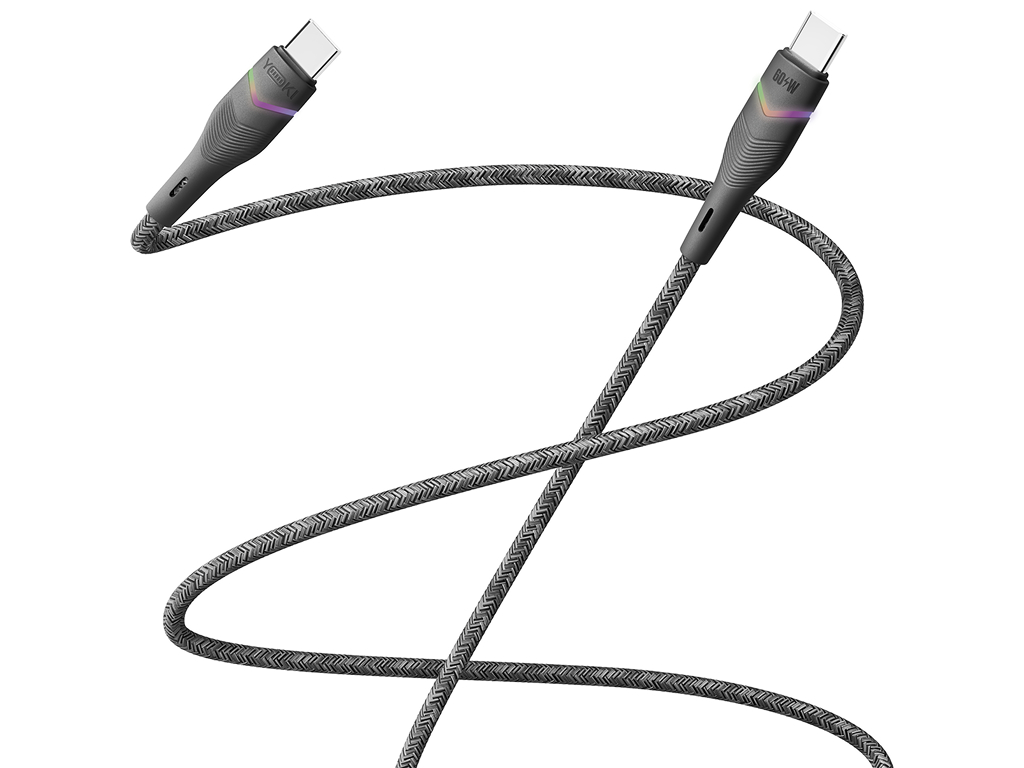 Кабель Yoki Rgb, Type-C - Type-C, 60Вт, RGB підсвічування, 1,2м, Чорний