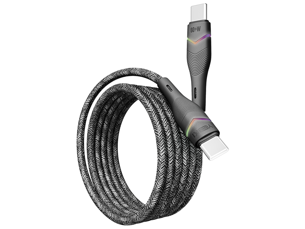 Кабель Yoki Rgb, Type-C - Type-C, 60Вт, RGB підсвічування, 1,2м, Чорний