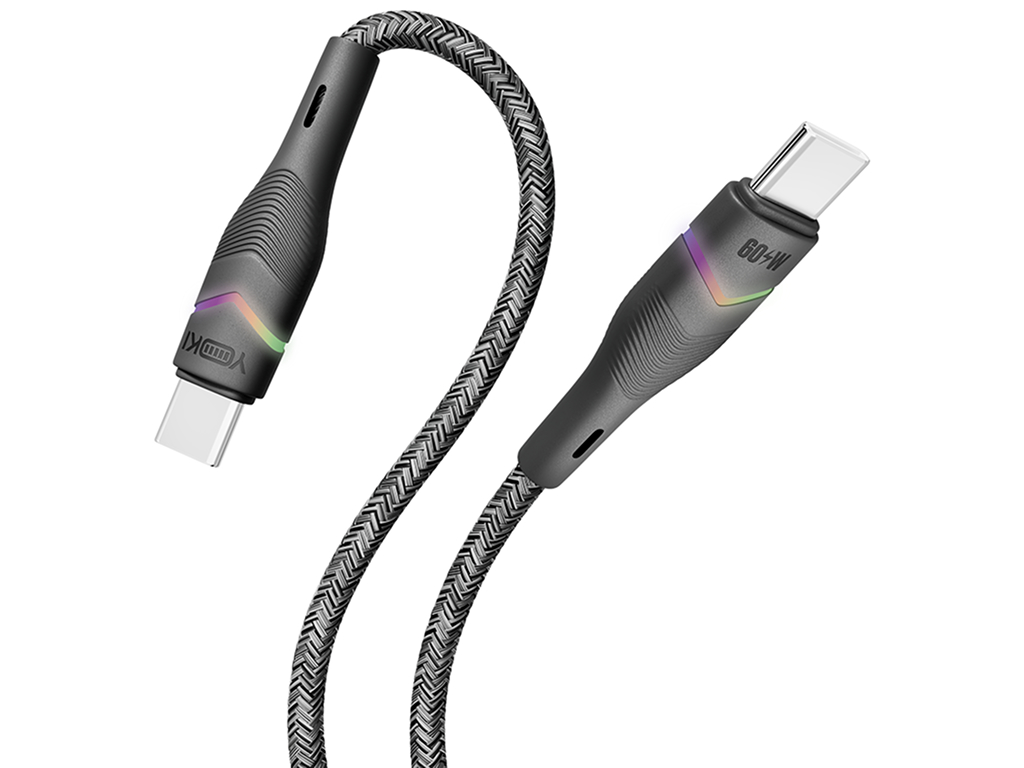 Кабель Yoki Rgb, Type-C - Type-C, 60Вт, RGB підсвічування, 1,2м, Чорний