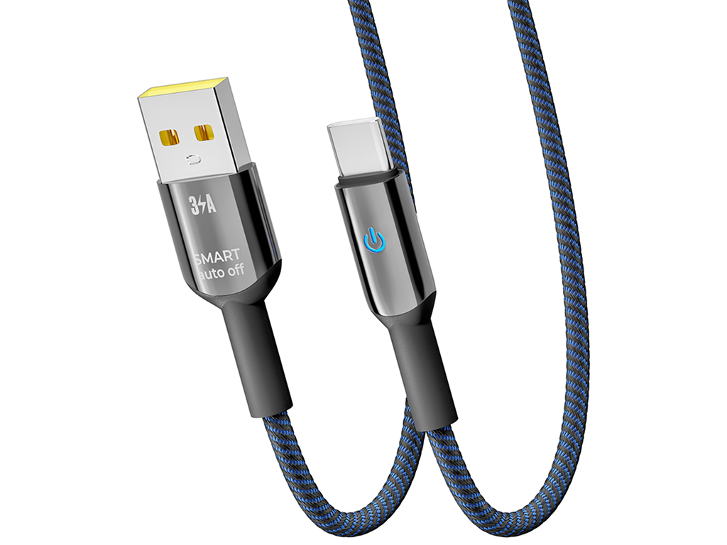 Кабель Yoki Smart, USB-A — Type-C, 3A, LED индикатор, 1,2м, Синий