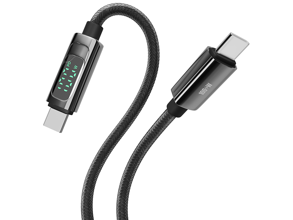 Кабель Yoki Display, Type-C - Type-C, 100W, 2 м, з дисплеєм, Чорний