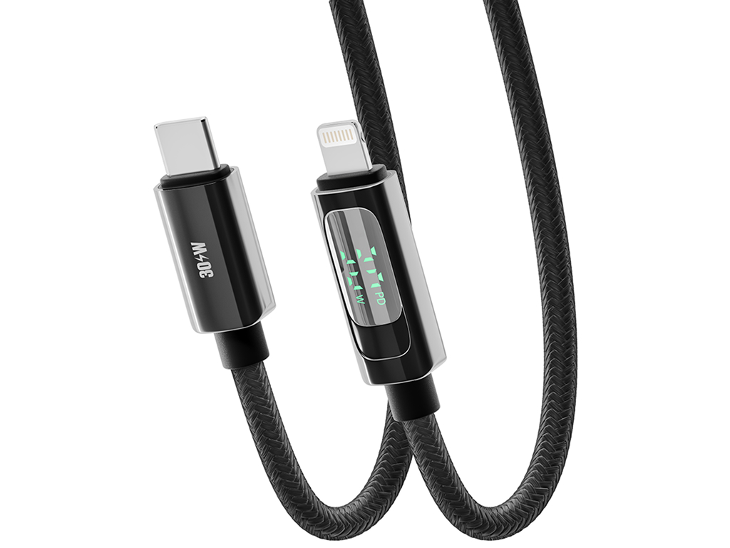 Кабель Yoki Display, Type-C - Lightning, 30W, 1,2 м, з дисплеєм, Чорний