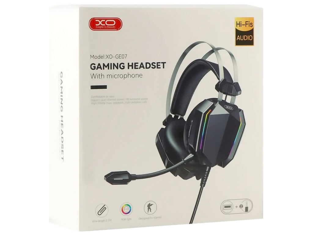Игровые наушники XO-GE-07 Static RGB Long mic USB+Dual 3.5мм, Цвет Черный