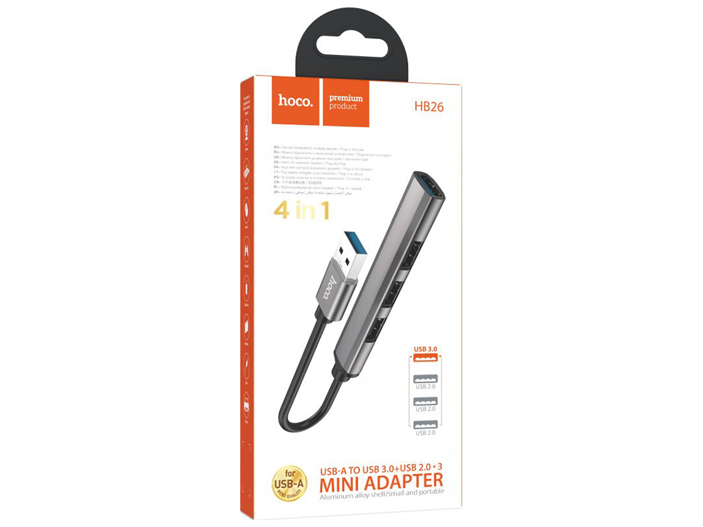 Хаб USB Hoco HB26 4 in 1 adapter(USB to USB3.0+USB2.0x3), Сiрий