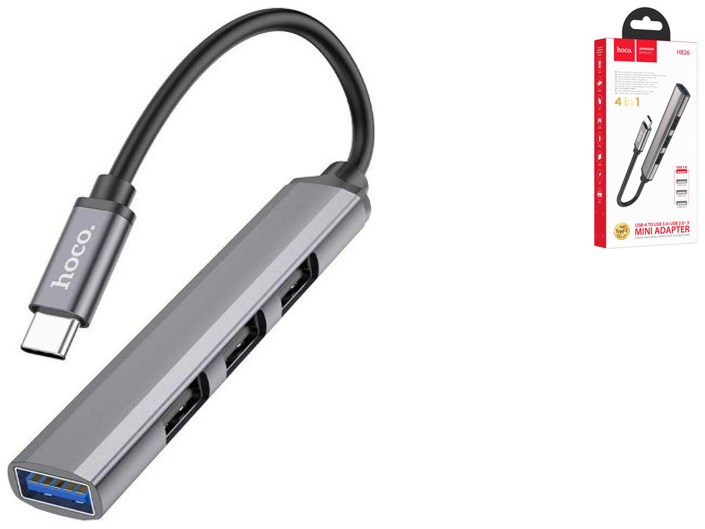Хаб USB Hoco HB26 4 in 1 adapter(Type-C to USB3.0+USB2.0*3) Колір Сiрий