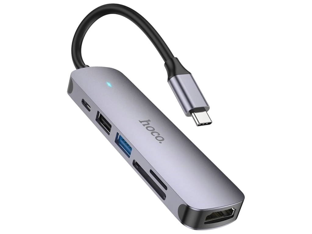 Хаб USB Hoco HB28 Type-C multi-function converter(HDTV+USB3.0+USB2.0+SD+TF+PD) Колір Металево-сірий