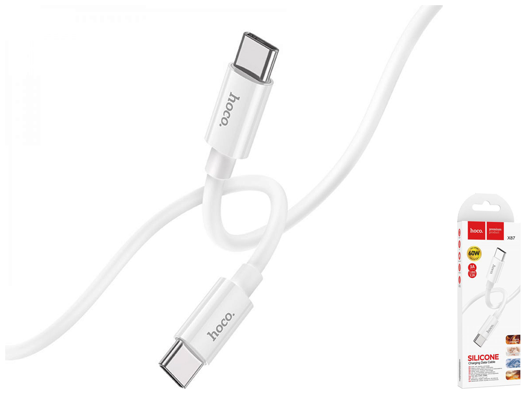 Кабель USB Hoco X87 Magic silicone 60W Type-C to Type-C, Бiлий