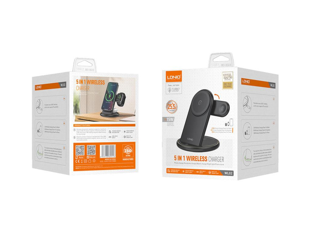 Зарядний пристрій бездротовий Ldnip Wl02 5in1, 25.5W, для iWatch, ABS+PC пластик, USB-C, чорний