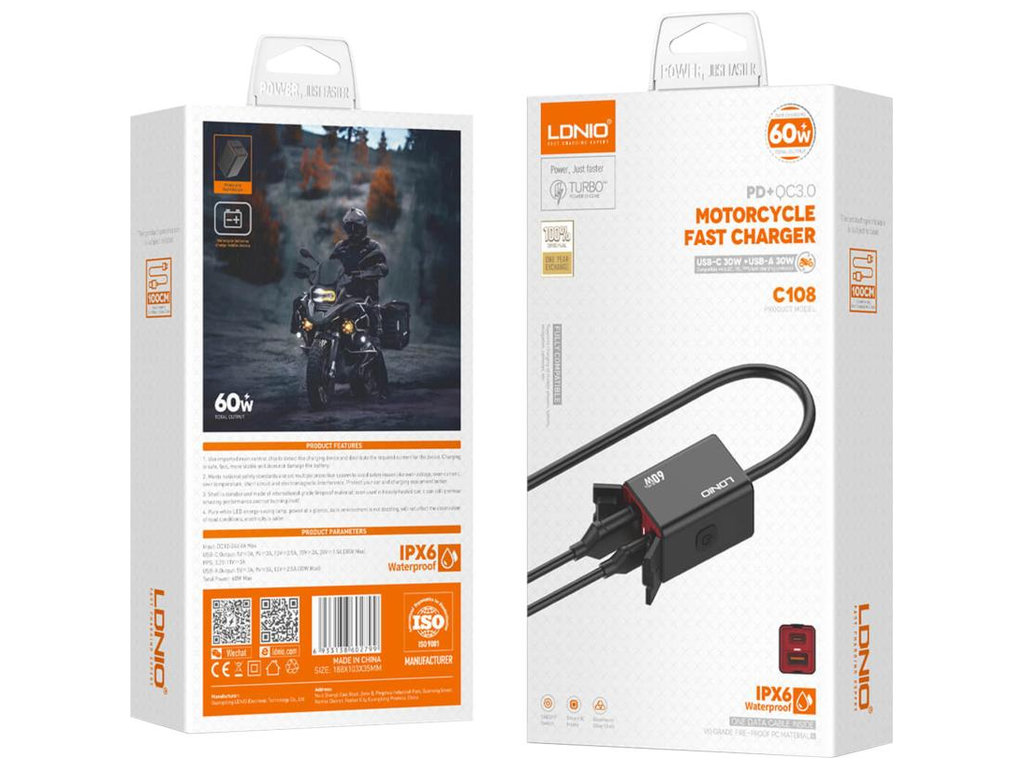 Інвертор LDNIO C108, авто-мото, 1USB+1USB-C, 60W, алюміній, пластик, Type-C to Type-C, колір чорний