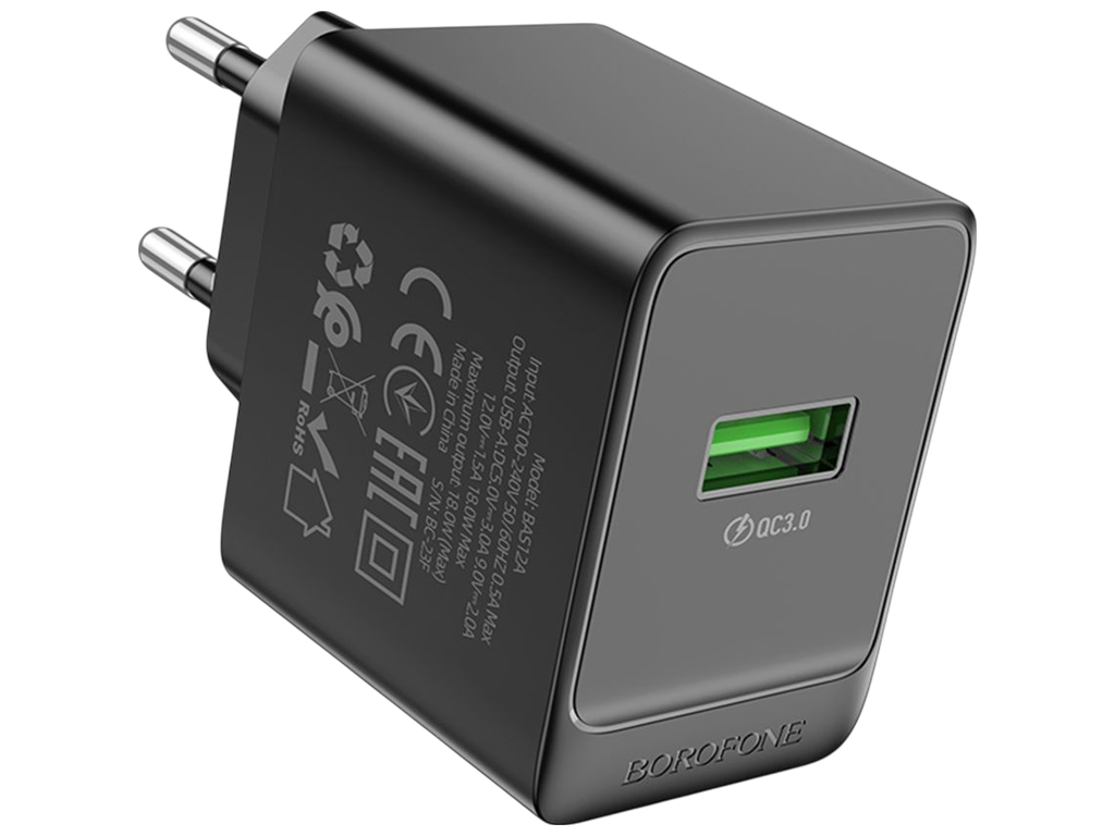 Зарядний пристрій Borofone BAS12A, 1USB, QC3.0, 18W, 77×45×32мм, колір чорний