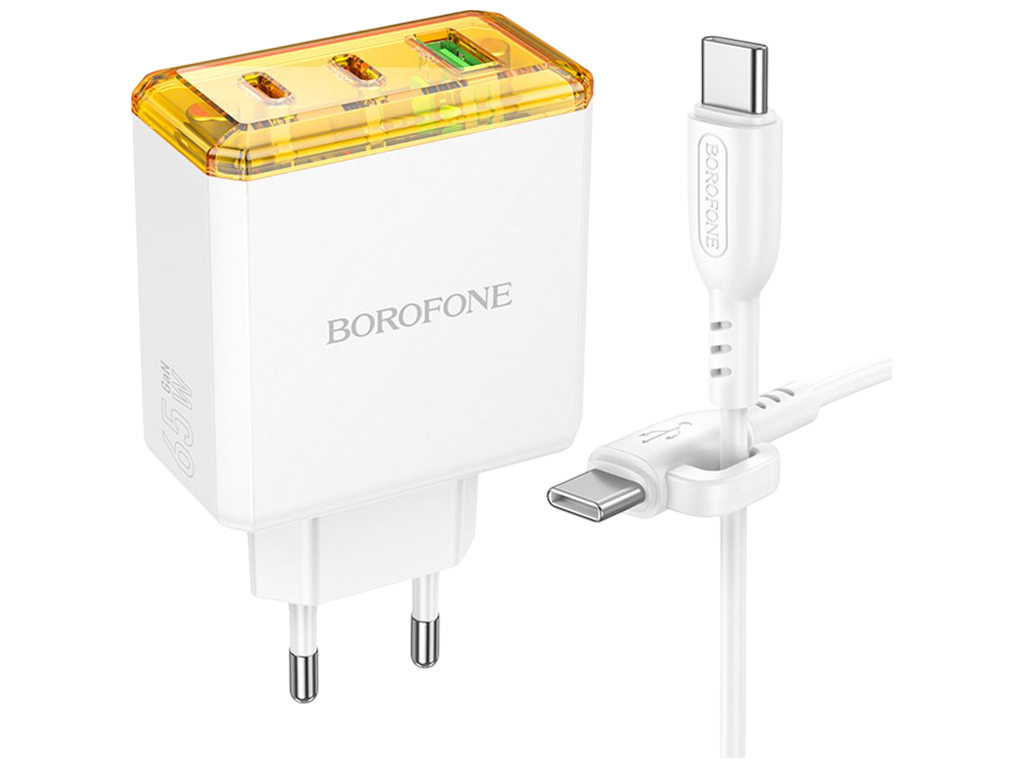 Зарядний пристрій Borofone BAS34A, 2Type-C+1USB, PD/QC 3.0, 65Вт, 130×85×35мм, колір білий