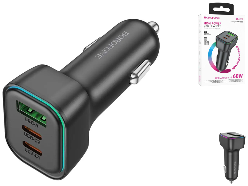 Авто Зарядное Устройство Borofone BZ28C 1USB/2USB-C QC/PD 60W Цвет Черный