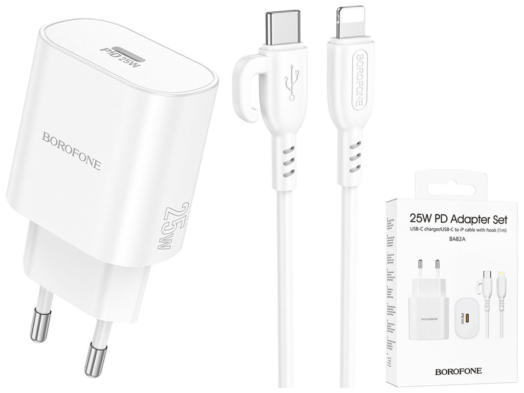 Мережевий зарядний пристрій Borofone BA82A 1USB-C PD/QC 25W+Type-C to Lightning, колір бiлий