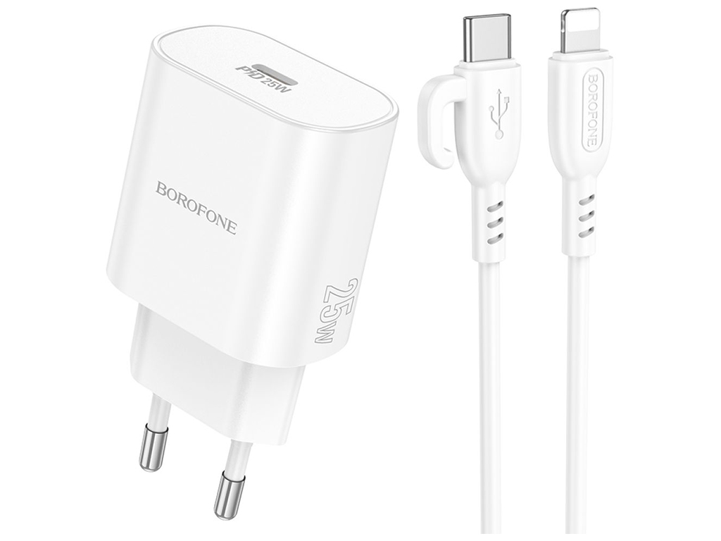 Мережевий зарядний пристрій Borofone BA82A 1USB-C PD/QC 25W+Type-C to Lightning, колір бiлий