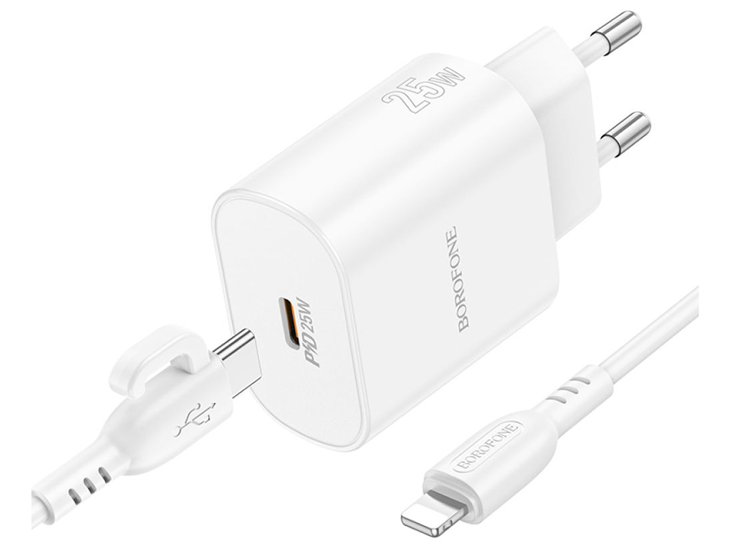 Мережевий зарядний пристрій Borofone BA82A 1USB-C PD/QC 25W+Type-C to Lightning, колір бiлий
