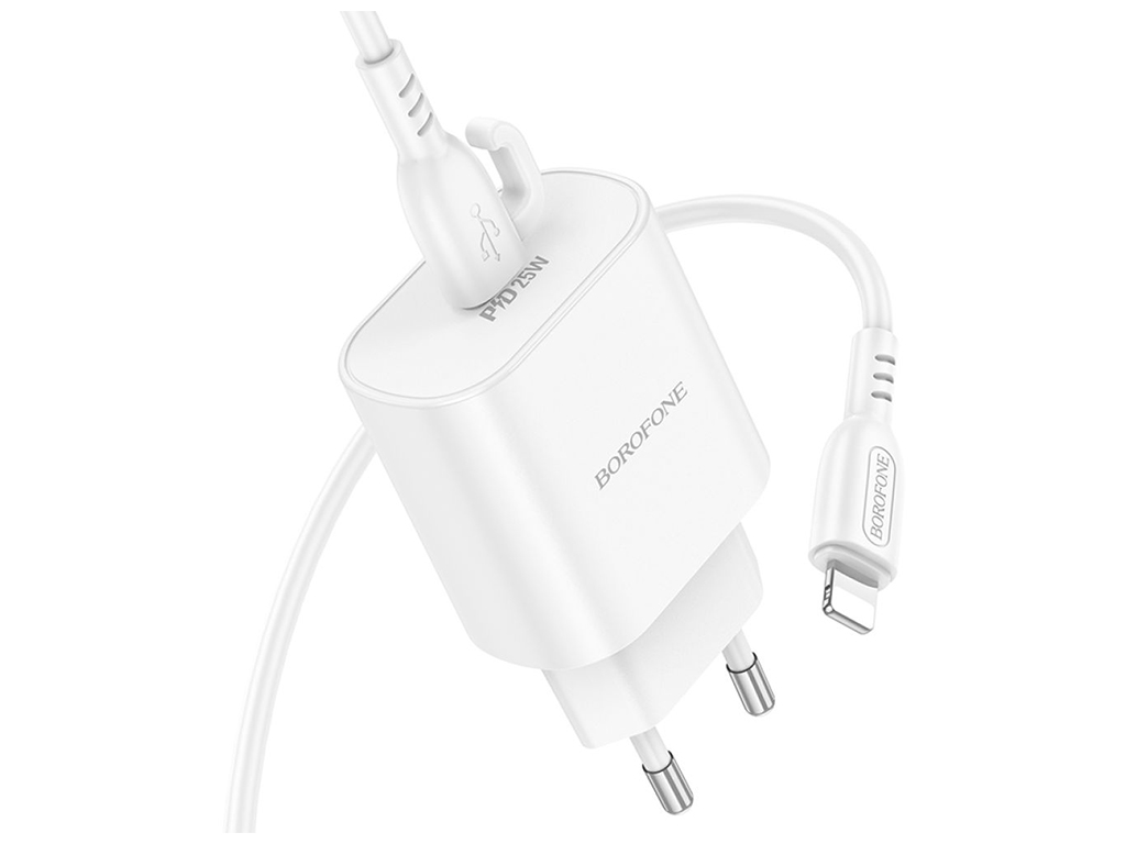 Мережевий зарядний пристрій Borofone BA82A 1USB-C PD/QC 25W+Type-C to Lightning, колір бiлий