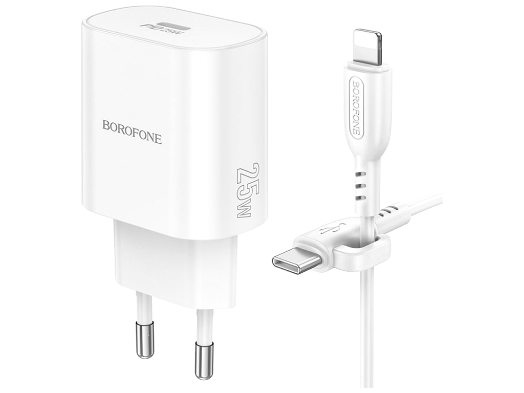 Мережевий зарядний пристрій Borofone BA82A 1USB-C PD/QC 25W+Type-C to Lightning, колір бiлий