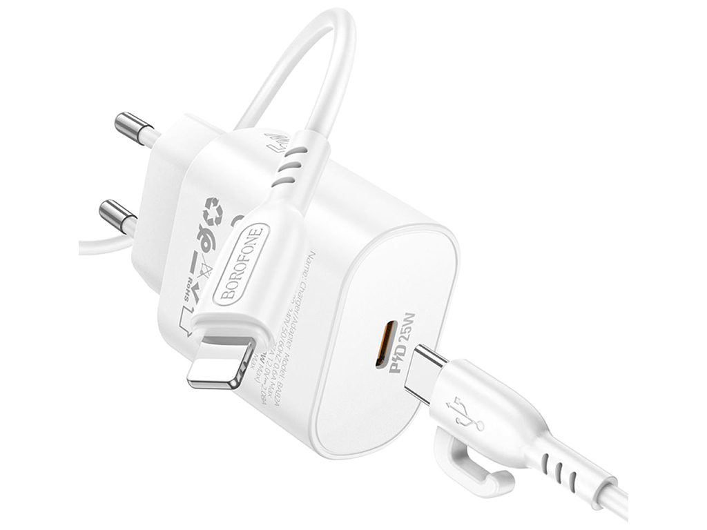Мережевий зарядний пристрій Borofone BA82A 1USB-C PD/QC 25W+Type-C to Lightning, колір бiлий