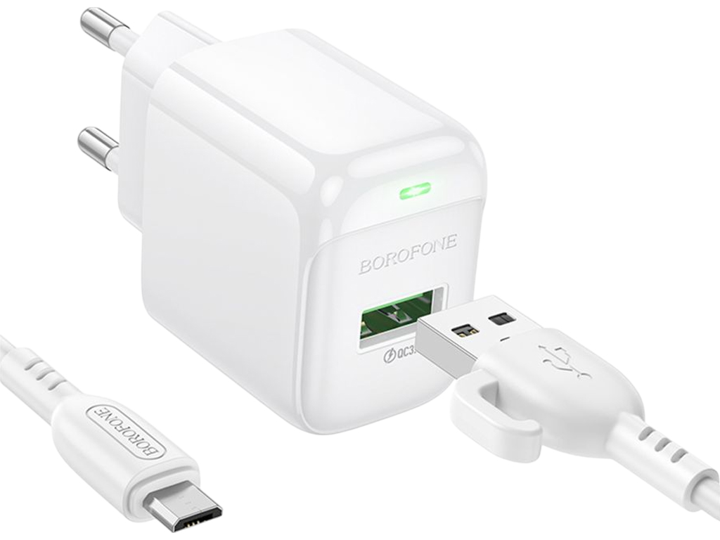 Зарядний пристрій мережевий Borofone BAS42A, 1USB, QC3.0, 18Вт, 5V/2A, 190×80×30мм, колір білий