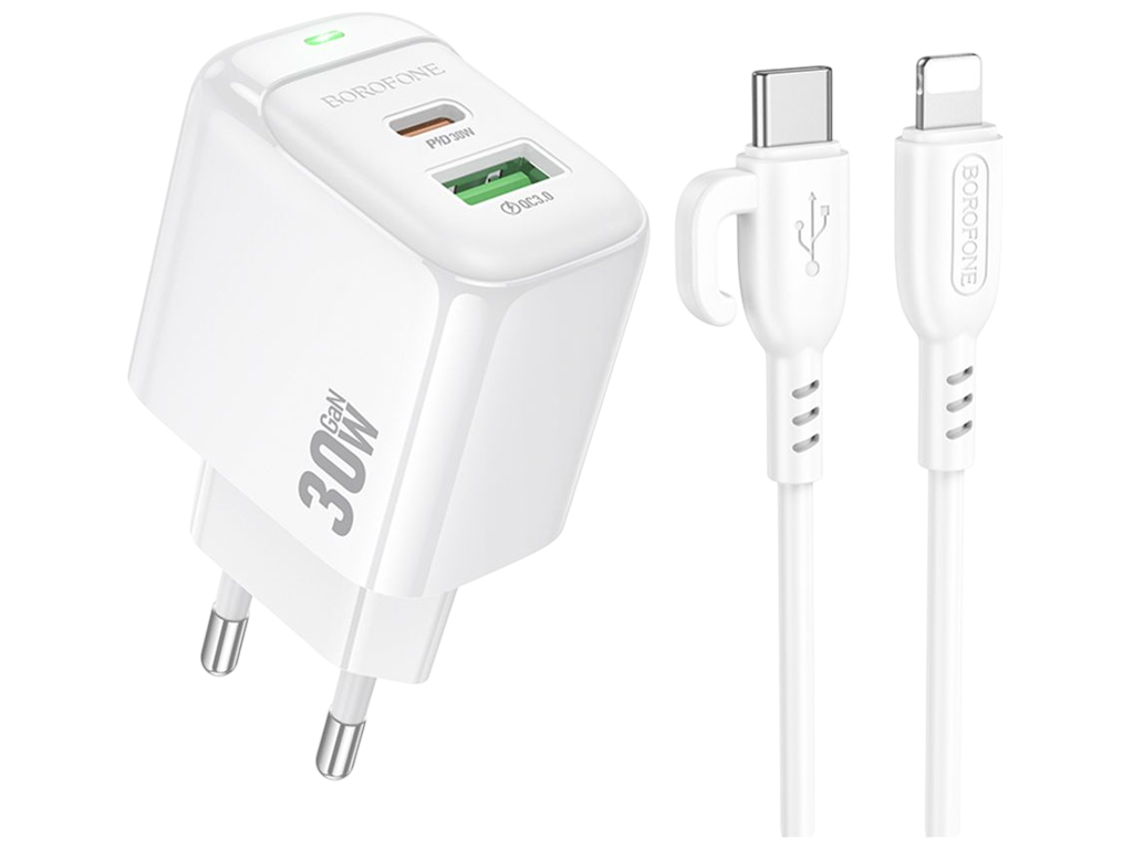 Сетевое зарядное устройство Borofone BAS45A, 1USB-C/1USB, PD/QC 30W, Type-C to Lightning, белый