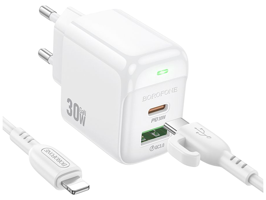 Сетевое зарядное устройство Borofone BAS45A, 1USB-C/1USB, PD/QC 30W, Type-C to Lightning, белый