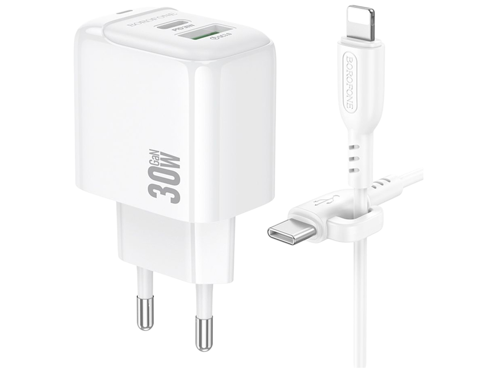 Сетевое зарядное устройство Borofone BAS45A, 1USB-C/1USB, PD/QC 30W, Type-C to Lightning, белый
