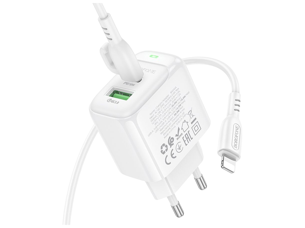 Сетевое зарядное устройство Borofone BAS45A, 1USB-C/1USB, PD/QC 30W, Type-C to Lightning, белый