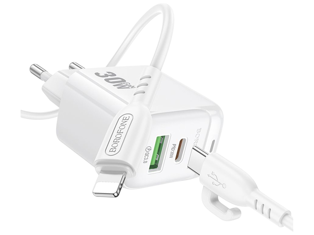 Сетевое зарядное устройство Borofone BAS45A, 1USB-C/1USB, PD/QC 30W, Type-C to Lightning, белый