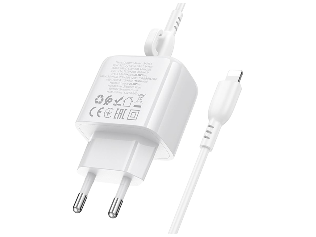 Сетевое зарядное устройство Borofone BAS45A, 1USB-C/1USB, PD/QC 30W, Type-C to Lightning, белый