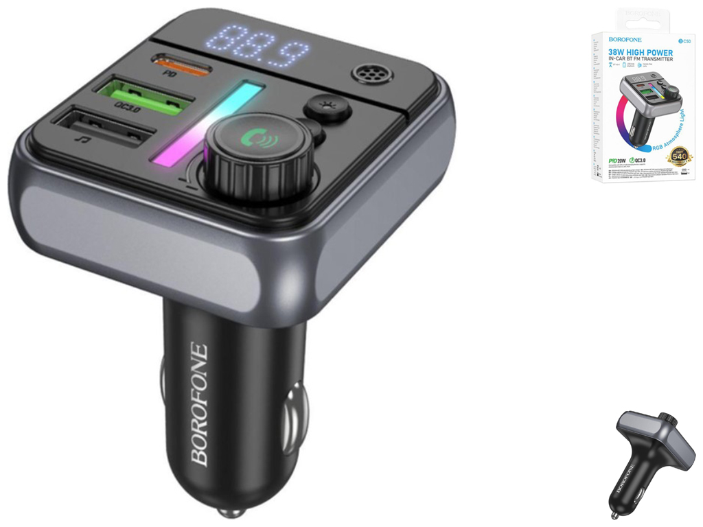 FM-трансмітер Borofone BC50 PD20W+QC3.018W BT 5.4 Total 38W Колір Чорний