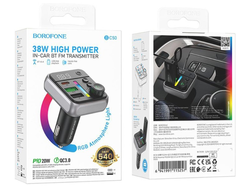 FM-трансмітер Borofone BC50 PD20W+QC3.018W BT 5.4 Total 38W Колір Чорний