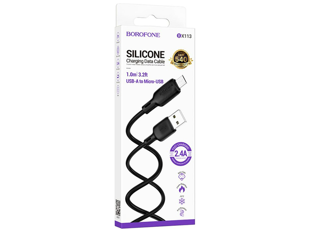 Кабель USB Borofone BX113 Silicone Micro 2.4A, 1м, колір чорний