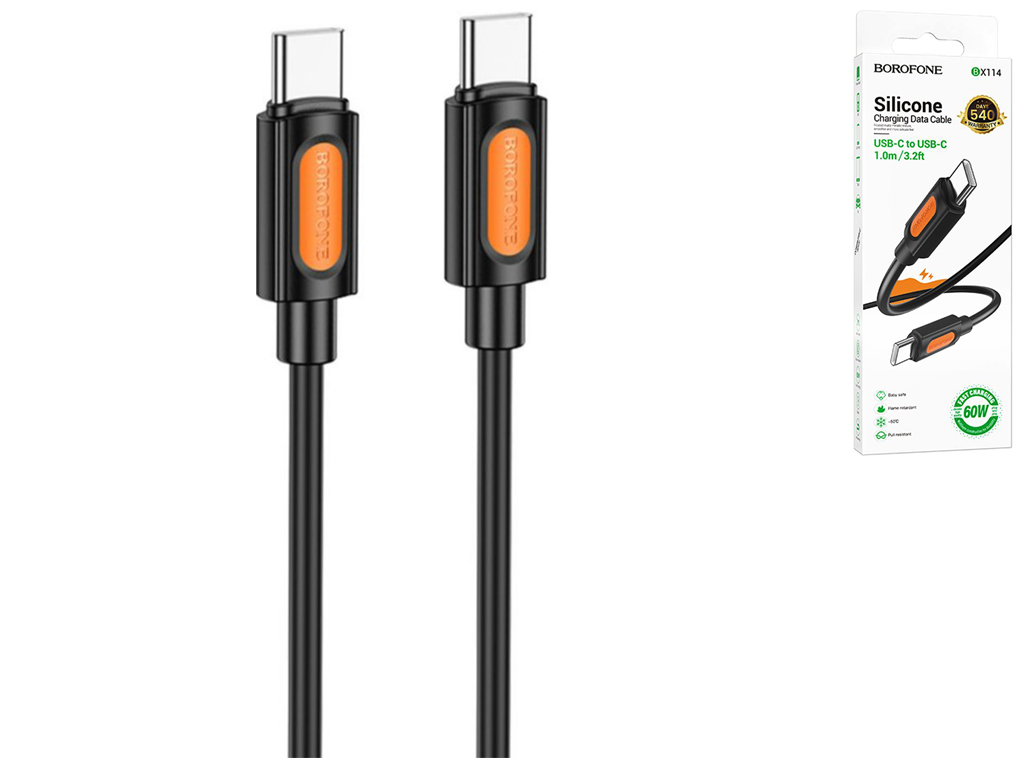 Кабель USB Borofone BX114 Silicone Type-C to Type-C 60W, 1м, колір чорний
