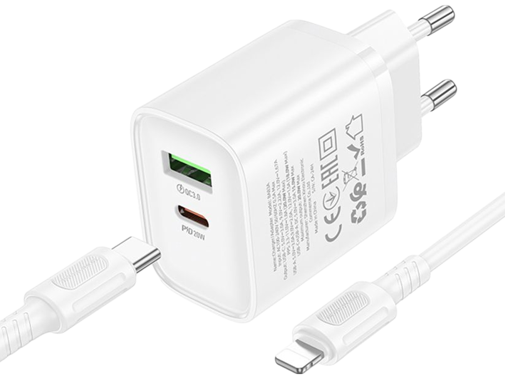 Сетевое зарядное устройство Borofone BA83A, 1USB-C/1USB, PD/QC 20W, 79×42×30мм, цвет белый