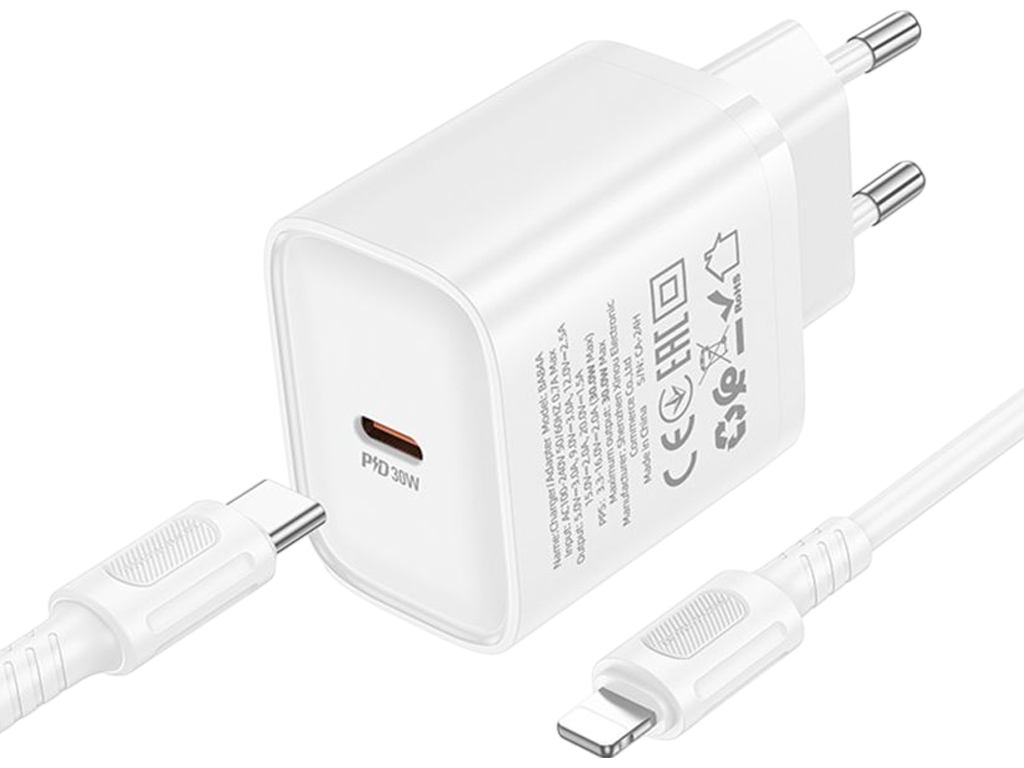 Зарядний пристрій Borofone BA84A, 1USB-C, 30Вт, кабель Type-C to Lightning, колір білий