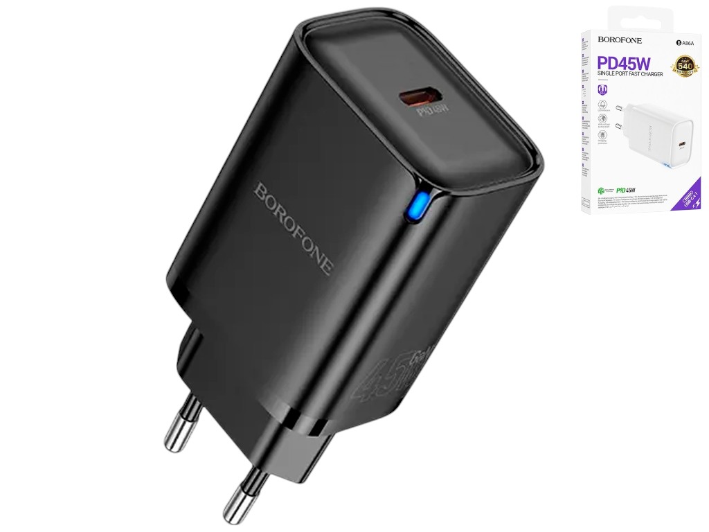 Зарядний пристрій Borofone BA86A, 1USB-C, PD/QC 45W, 91,8×42,3×30мм, колір чорний