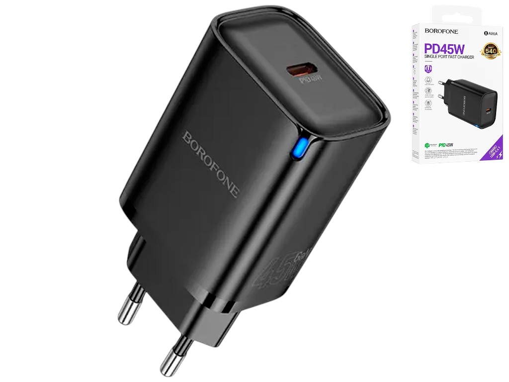 Зарядний пристрій Borofone BA86A, 1USB-C, PD/QC 45W + Type-C to Type-C, чорний