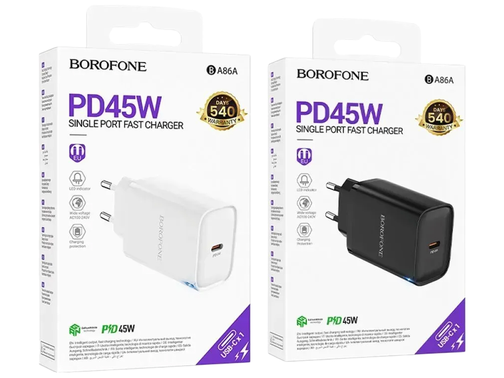 Зарядний пристрій Borofone BA86A, 1×USB-C, 45Вт, PD/QC, кабель Type-C–Type-C, колір білий