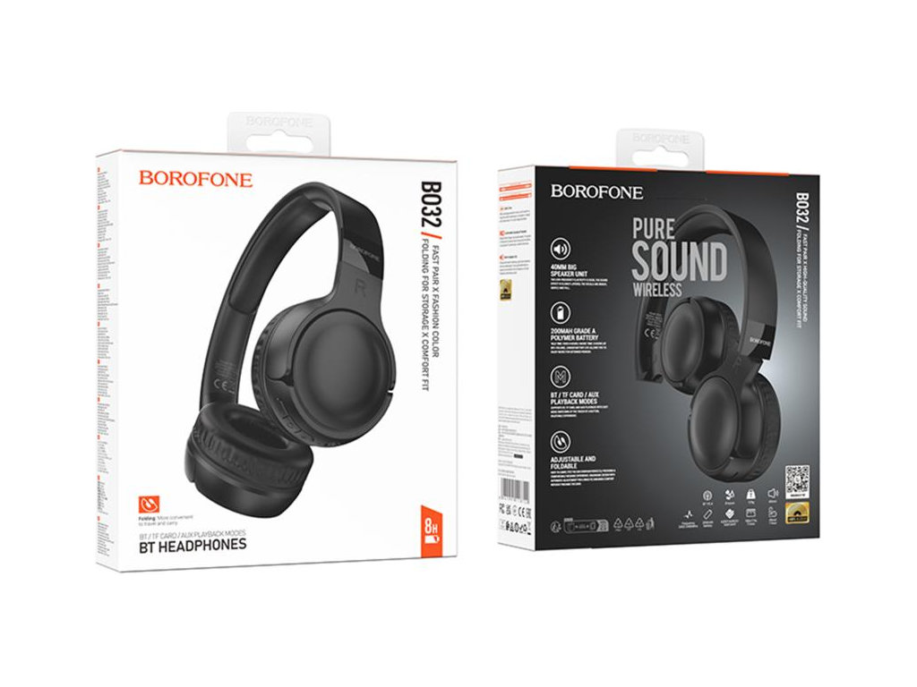 Блютуз стерео гарнитура Borofone BO32, складные, bluetooth 5.4, type‑c/aux, 200mAh, цвет черный