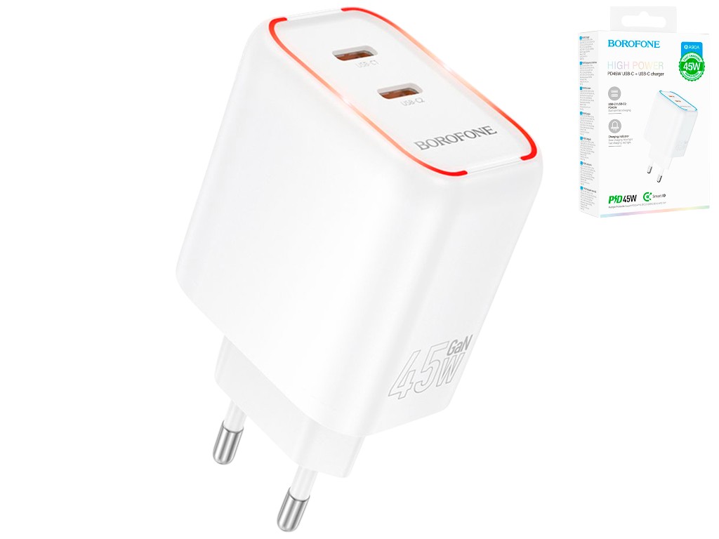 Зарядний пристрій Borofone BA90A, 2×USB-C, 45Вт, PD/QC, 85×49×31мм, колір білий