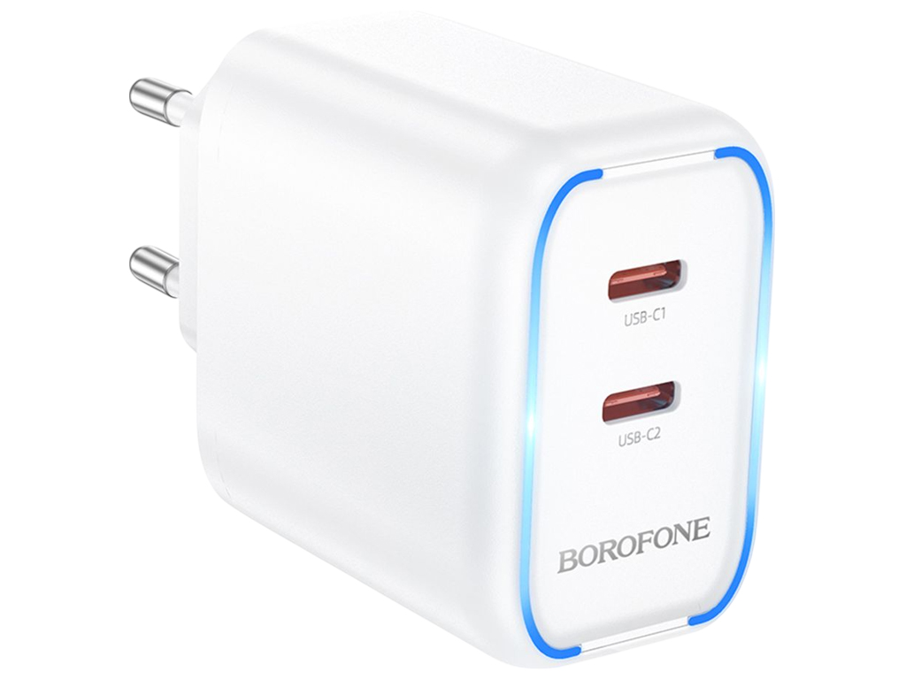 Зарядний пристрій Borofone BA90A, 2×USB-C, 45Вт, PD/QC, 85×49×31мм, колір білий