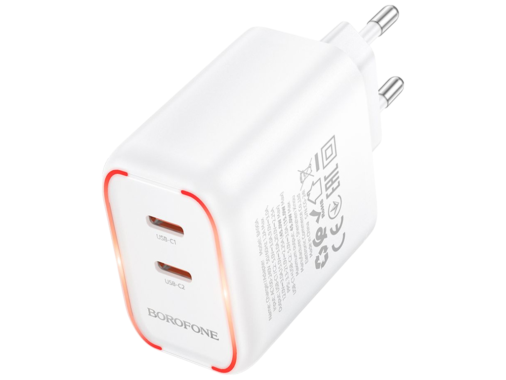 Зарядний пристрій Borofone BA90A, 2×USB-C, 45Вт, PD/QC, 85×49×31мм, колір білий