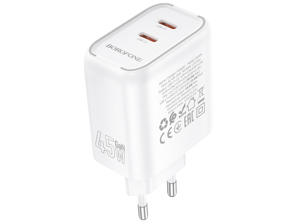 Зарядний пристрій Borofone BA90A, 2×USB-C, 45Вт, PD/QC, 85×49×31мм, колір білий