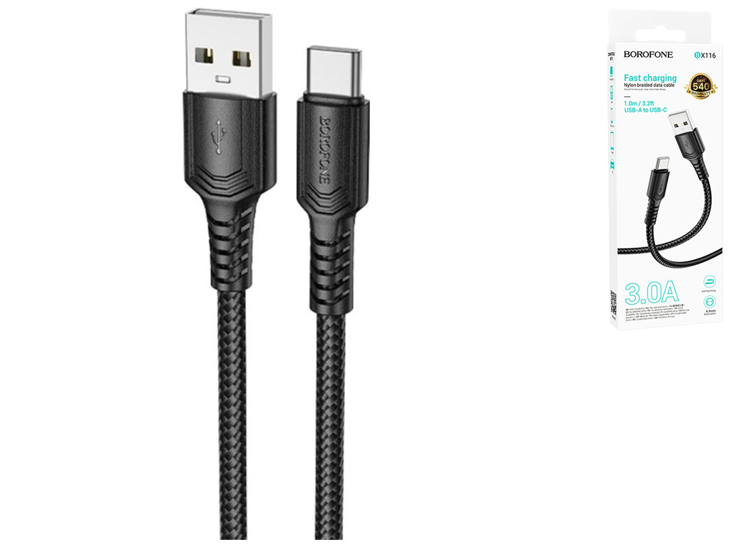 Кабель USB Borofone BX116 Type-C 3A, 1м, колір чорний