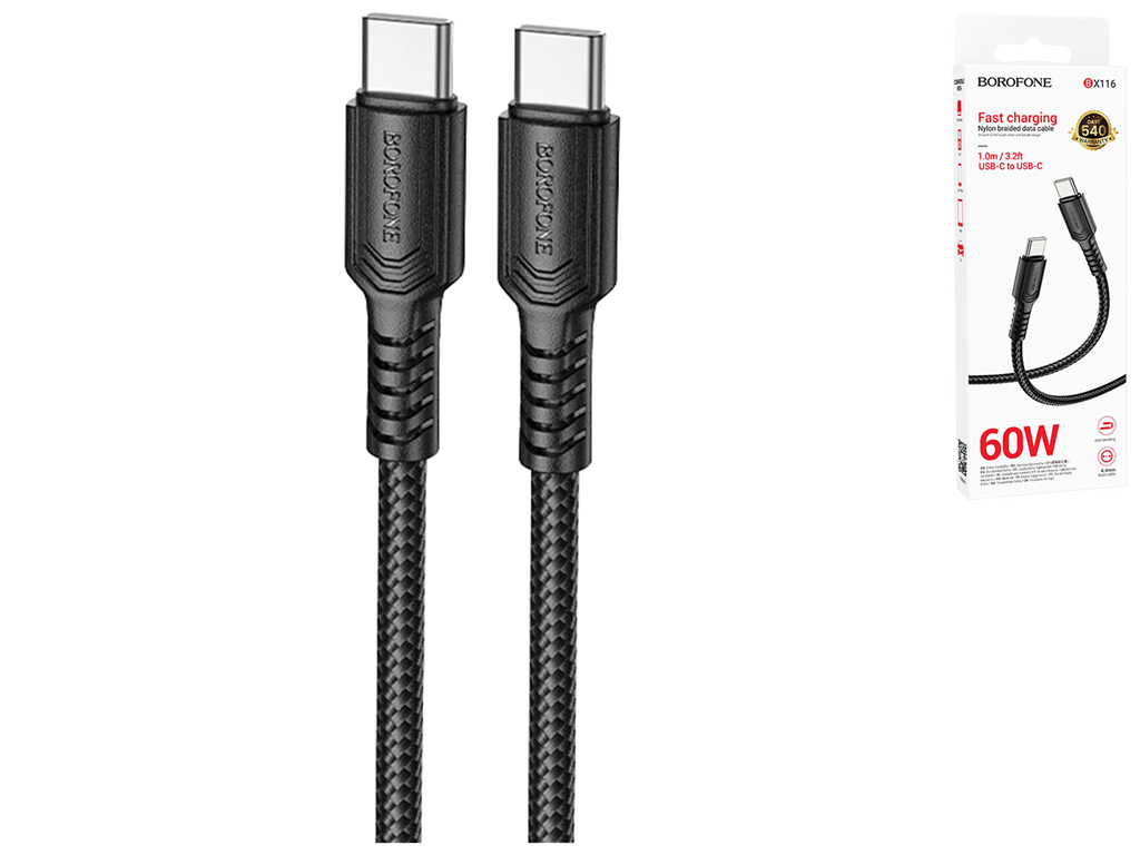 Кабель USB Borofone BX116 Type-C to Type-C 60W, 1м, колір чорний