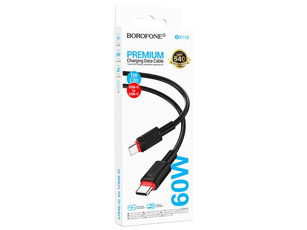 Кабель USB Borofone BX110 60W Type-C to Type-C, 1м,колір чорний