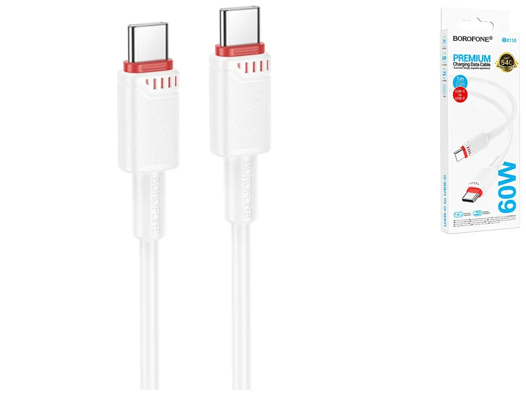 Кабель USB Borofone BX110 60W Type-C to Type-C, 1м, цвет белый